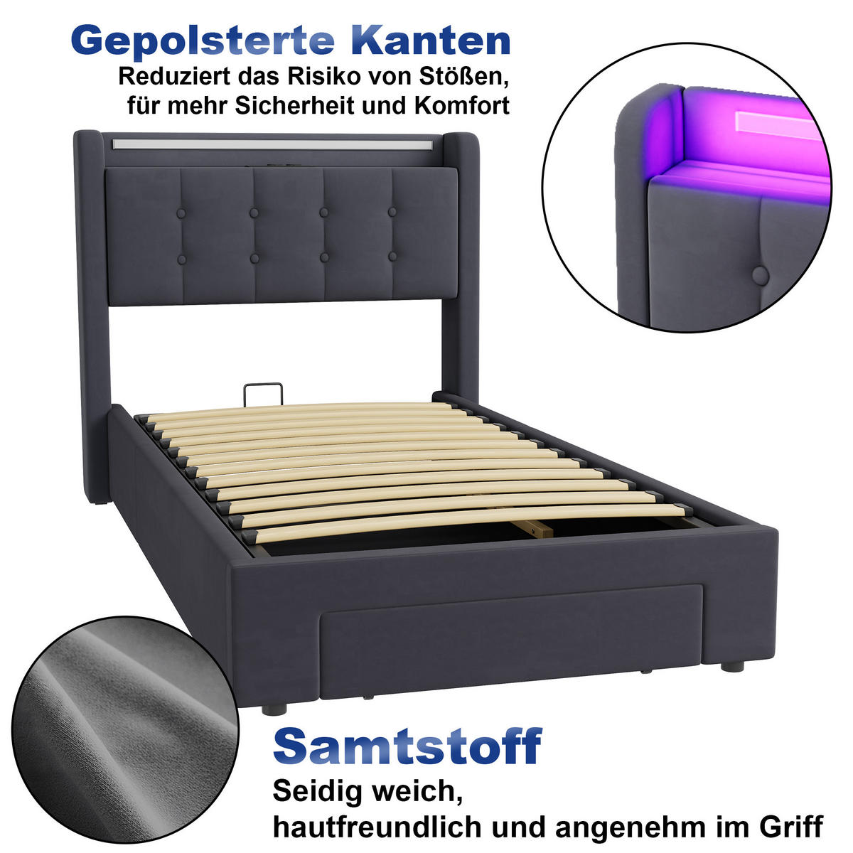 POLSTERBETT aus Samt 90x200 cm Grau mit LED-Beleuchtung & USB-Ladestation mit hydraulischem Stauraum - Grau, Textil (90/200cm) - Modfu