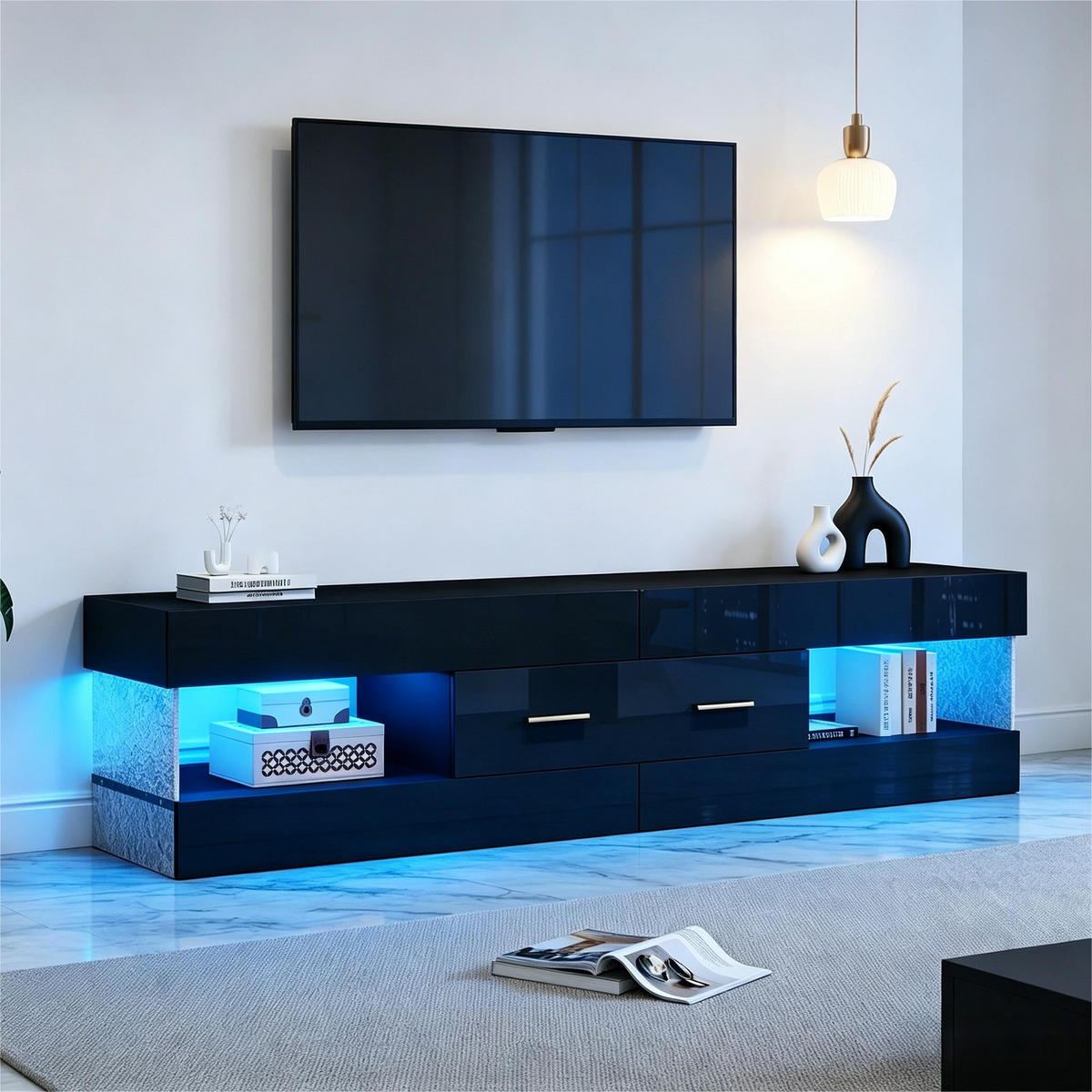TV-ELEMENT152X35X40CM Schwarz-Hochglanz mit LED-Beleuchtung und Schubladen - Schwarz, Holz (46.71/18.21/89cm) - Raelunyi