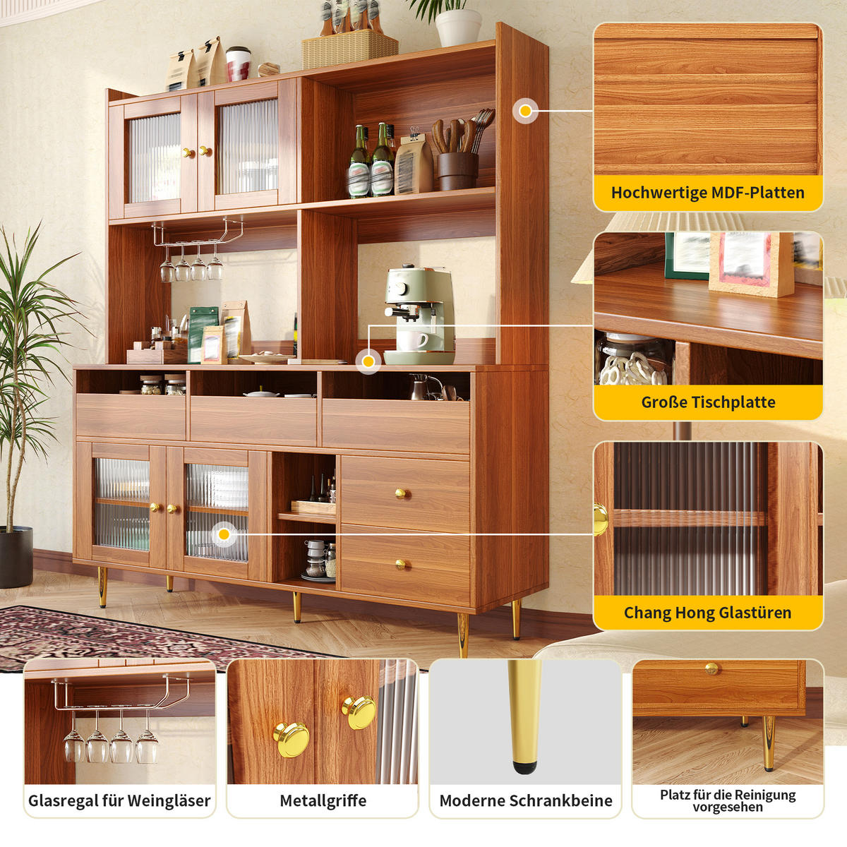 BUFFETSCHRANK Kombi Walnussbaumfarben 145/39/171 cm - Walnussfarben, Holz (145/171/39cm) - PANGIVO