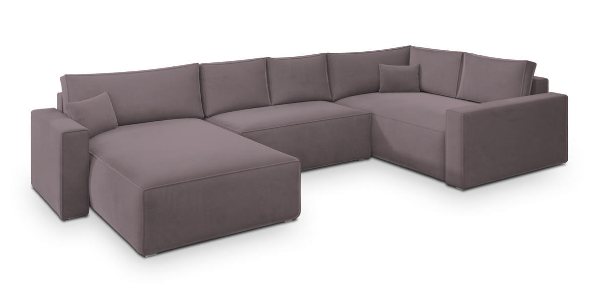 WOHNLANDSCHAFT VELAMI R-S Lila Velours-Stoff mit Schlaffunktion - Lila, Holz (365/83/194cm) - MASSENO