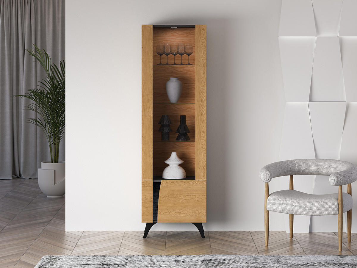 VITRINE Toscania Eiche / Schwarz 58 / 40 / 190cm - Eichefarben/Schwarz, Holz/Holzwerkstoff (58/190/40cm) - Feldmann-Wohnen