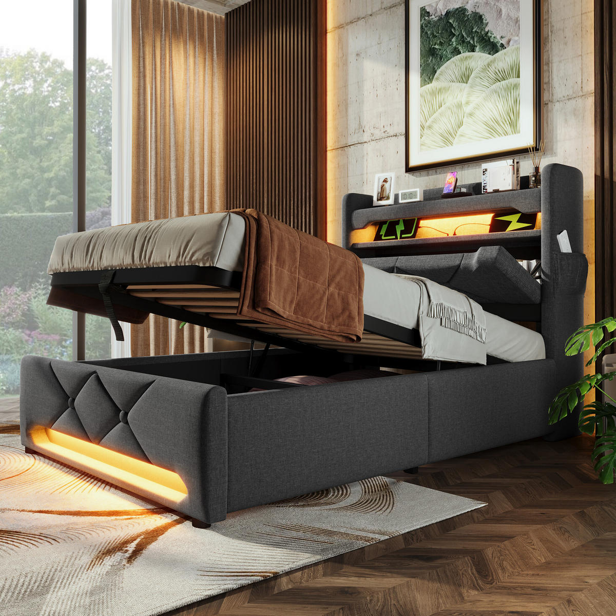 EINZELBETT mit Matratze, Stauraum und LED - Grau, Holzwerkstoff/Textil - Urban Meuble