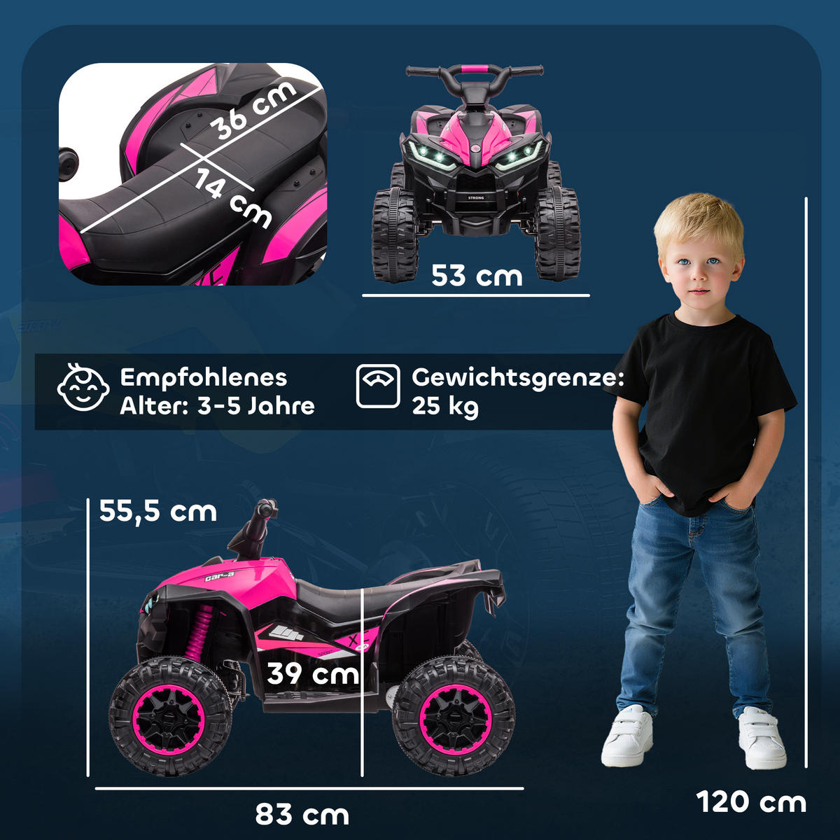 ELEKTRO-QUAD Kinderquad mit USB-Anschluss, Kindermotorrad - Rosa, Metall (83/53/55.5cm) - HOMCOM