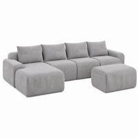 WOHNLANDSCHAFT modular 4-Sitzer mit 2 Hockern 333 x 174 cm Cord Hellgrau - Hellgrau, Kunststoff (174/80/333cm) - Meubliv