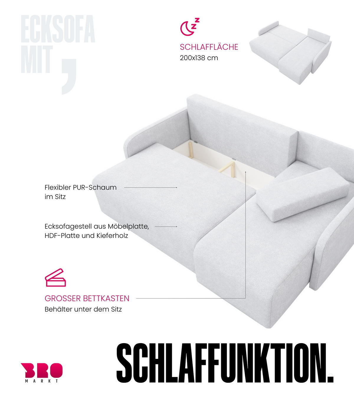 ECKSOFA Malen mit Schlaffunktion Beige Bouclé - Creme, Textil (215/141cm) - Bromarkt