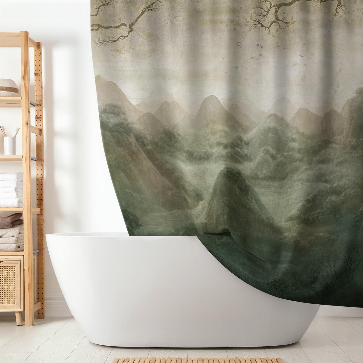 DUSCHVORHANG Blick durch Zweige auf die Berge grün 180/180 cm - Grün, Textil (180/180cm) - Bilderwelten