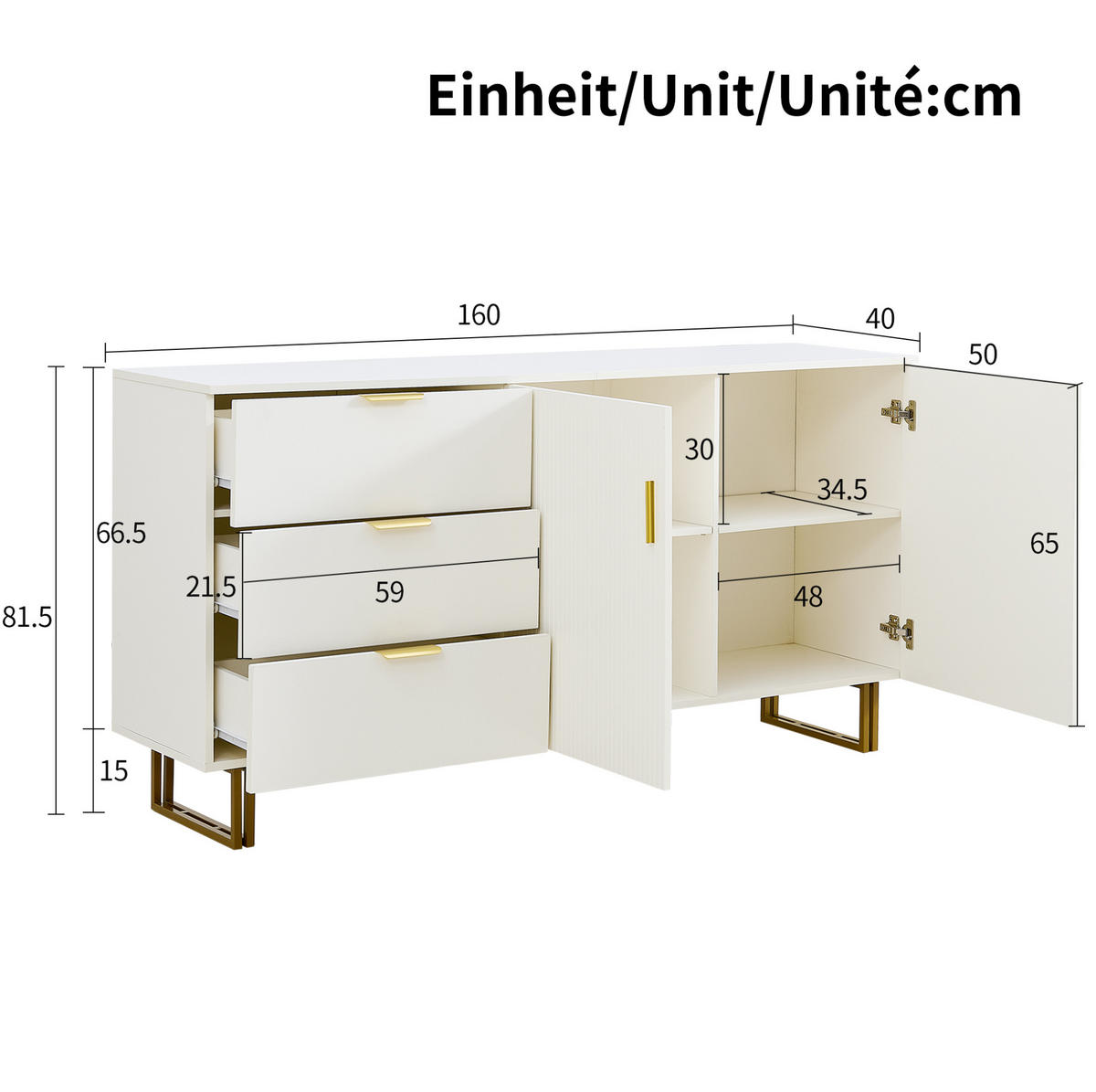 SIDEBOARD 160/40/81,5 cm Weiß aus MDF mit 3 Schubladen und 2 Türen - Weiß, Holzwerkstoff (40/81.5/160cm) - OKWISH