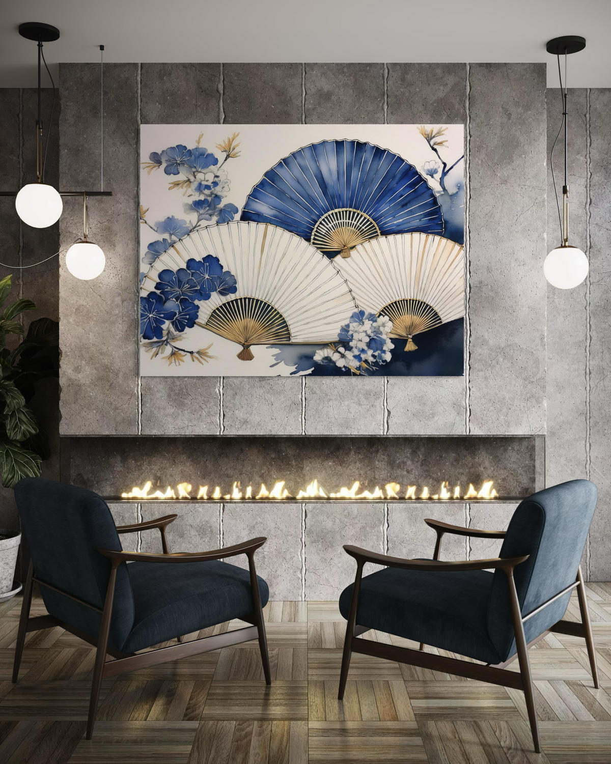 WANDBILD japanischer fächer blau - Blau, Textil (60/40cm) - Feeby