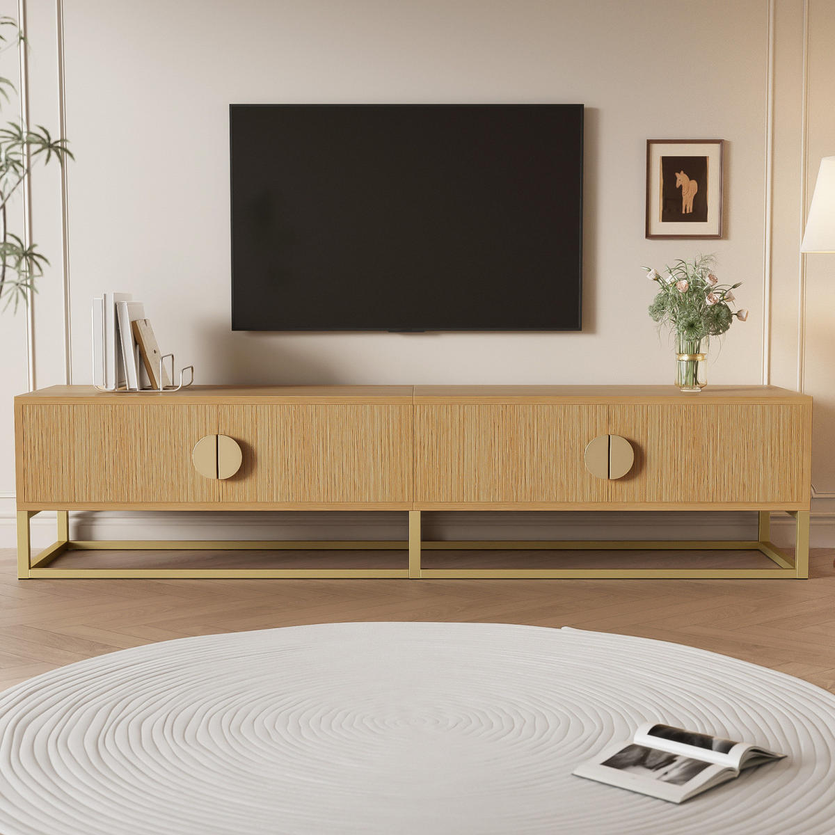 TV Lowboard 180 cm, 4 Türen, halbrunde Griffe, Holz - Braun, Holz (180/40/40cm)