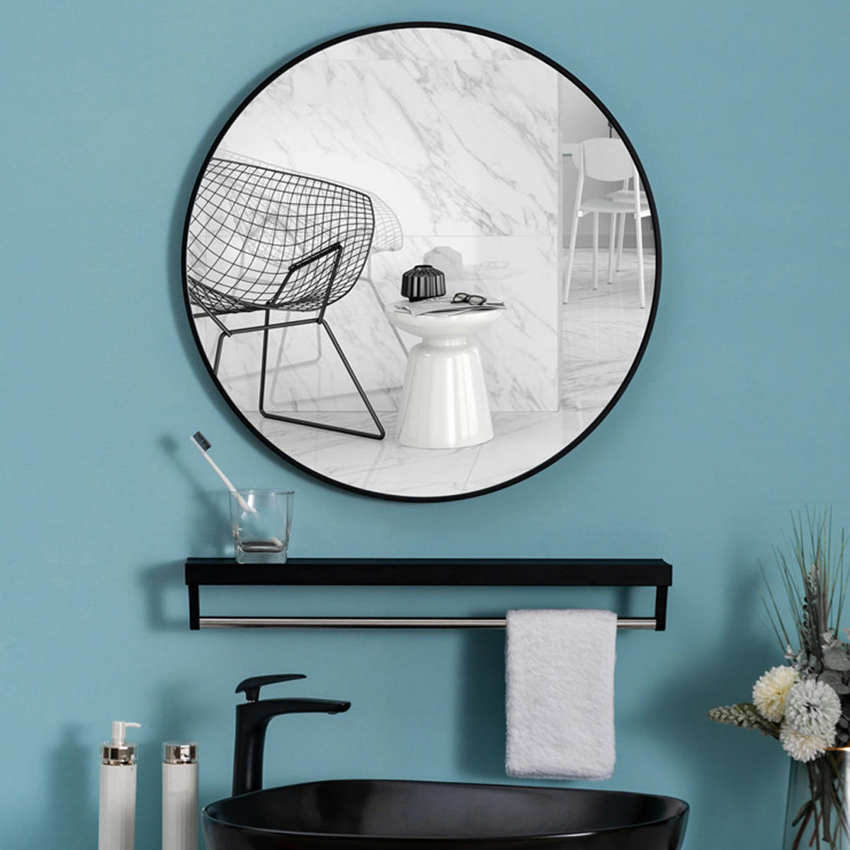 BADSPIEGEL mit Metalrahmen Rund in Schwarz Robustes Material Ästhetisches Design Vielseitig einsetzbar 40 x 40 x 2,8 cm 1,5 kg - Schwarz, Glas/Metall (40/2.8/40cm) - Livingandhome