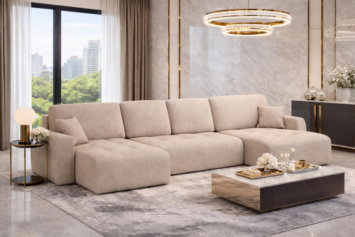 ECKSOFA Mit Schlaffunktion Und Bettkasten U-Form Ivo U, Veloursstoff Salvador, Beige - Beige, Holz (342/142cm) - Kaiser Möbel