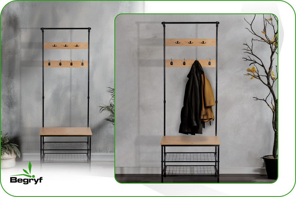 GARDEROBENSTÄNDER Bambus Metall Holzoptik mit Bank 66×32×186 cm - Schwarz/Naturfarben, Holzwerkstoff/Metall (66/183/32cm) - Begryf