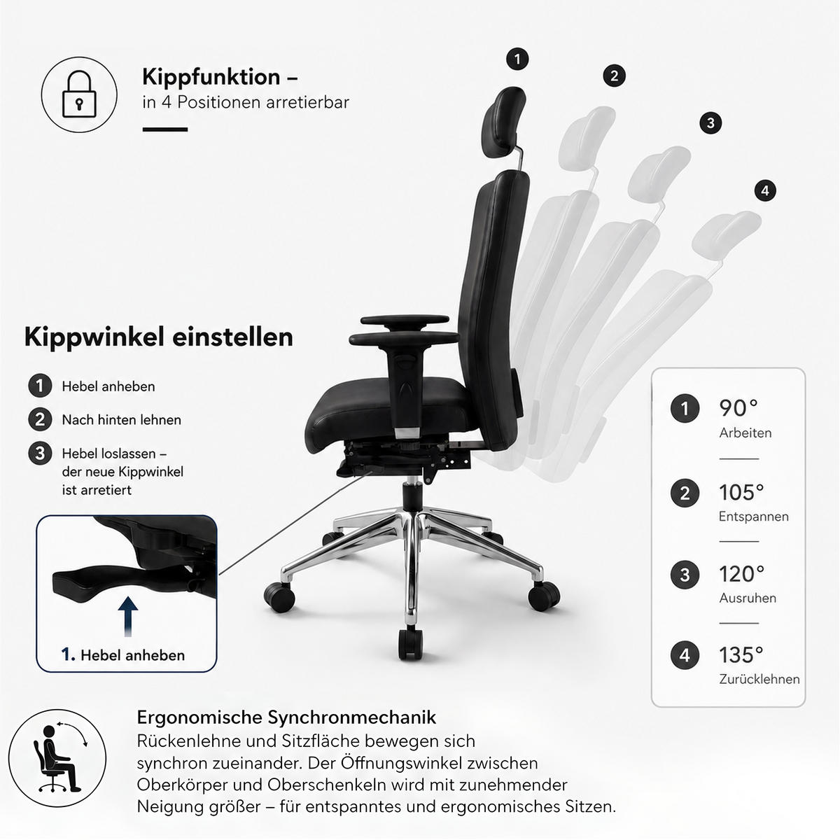 CHEFSESSEL Terox Leder Schwarz - ergonomisch, 150 kg belastbar, Sitzhöhe 48-60cm - Schwarz, Kunststoff/Textil (65/112/60cm) - Versee