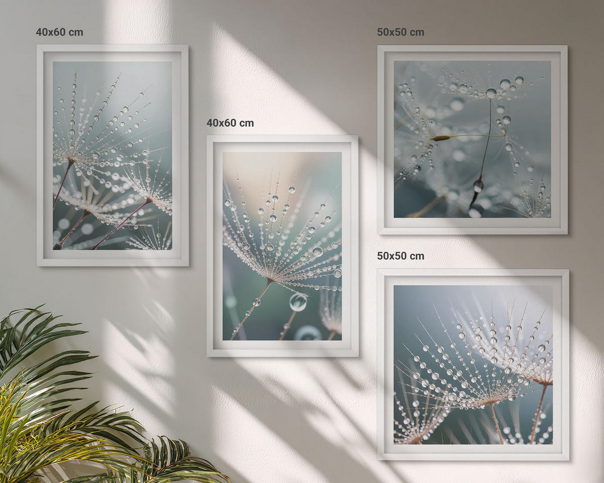 BILDER SET 4er Set - 50x50 cm & 40x60 cm Weißer Rahmen - Wassertropfen auf Löwenzahnsprossen - Weiß, Kunststoff (50/50cm) - TULUP