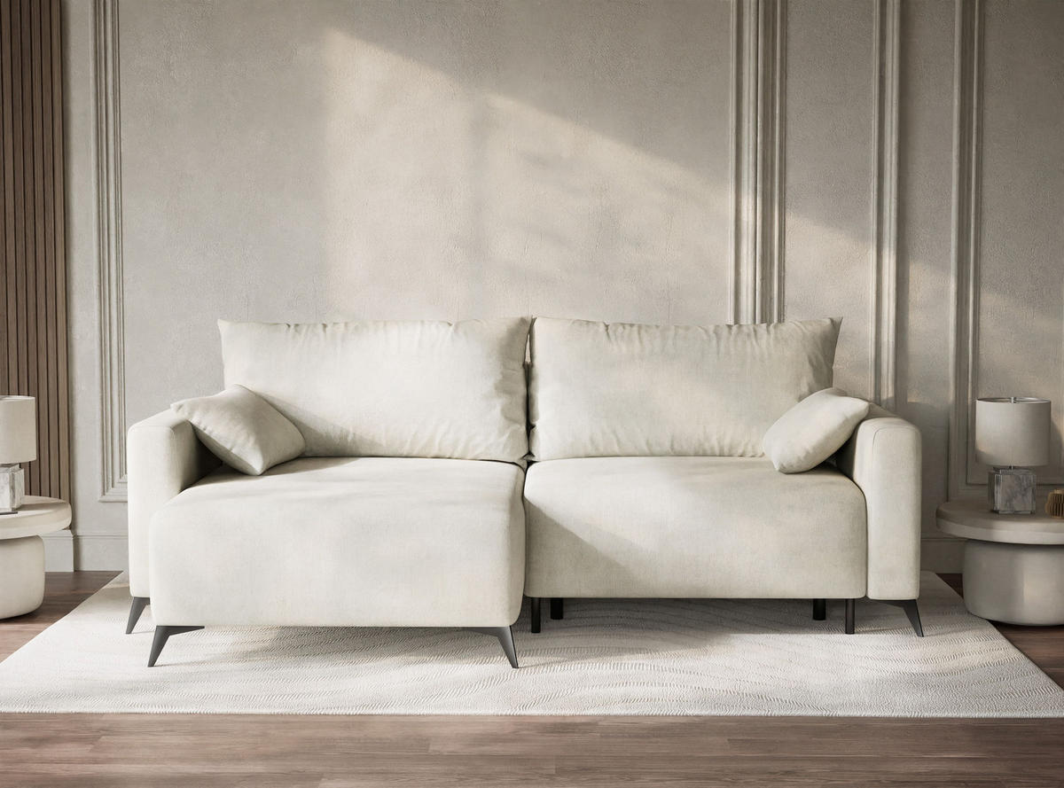 ECKSOFA MIT SCHLAFFUNKTION Leon Creme Webstoff - Creme/Schwarz, Holz/Holzwerkstoff (148/239cm) - Maison de Reve