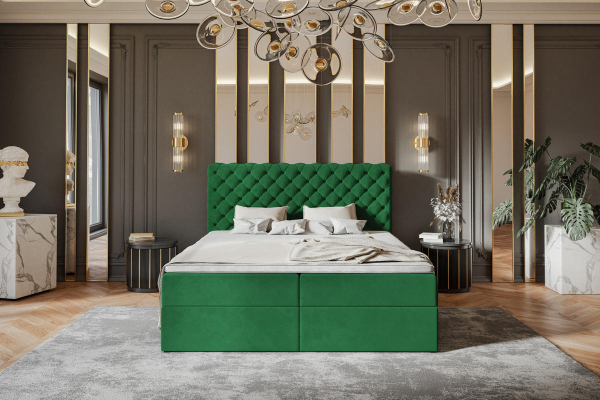 BOXBETT MIAMI mit 2 Bettkästen, 160x200, Farbe: Grün, Velourstoff, Doppelbett mit Bonell-Matratze - Grün, Holz/Kunststoff (160/200cm) - Alpi-Möbel