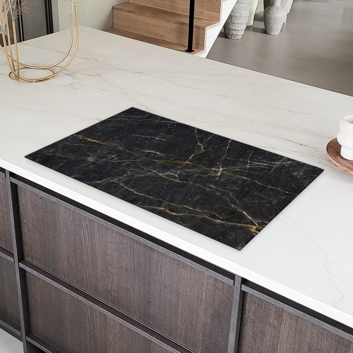 HERDABDECKPLATTE Marmor - Schwarz - Gold - Grau - Marmorstruktur 91x52 cm - Goldfarben, Kunststoff (91.6/52.7/0.2cm) - MuchoWow