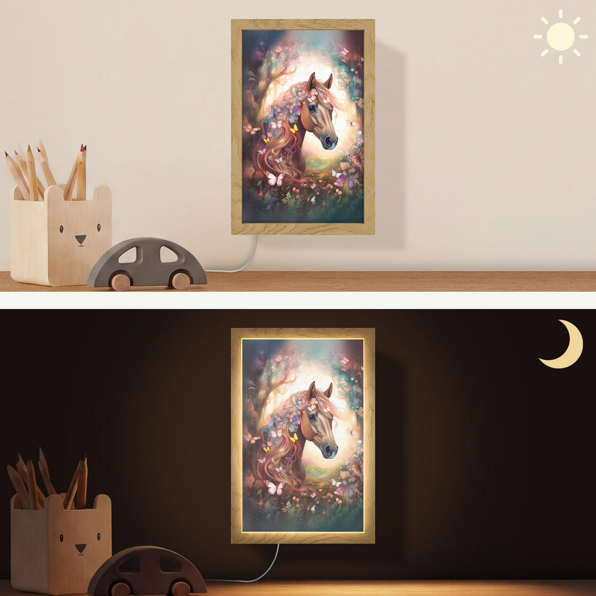 NÁSTĚNNÁ LAMPA Kůň - Příroda - Květiny - Motýli - Les 20x30 cm - tmavě hnědá, kompozitní dřevo (20/30/8cm) - OnlyWow