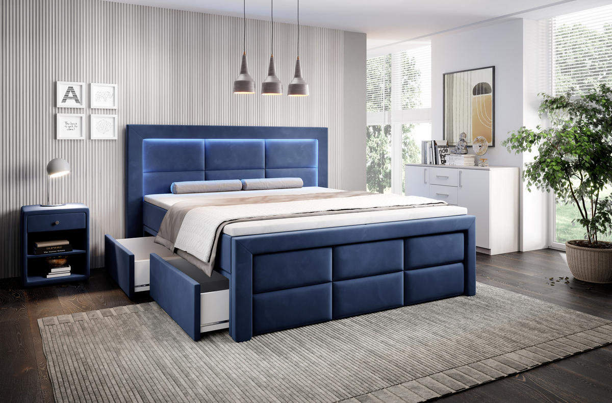 BOXSPRINGBETT Aspen mit Schubladen und Topper, LED-Beleuchtung, Samt, 180x200 cm, Dunkelblau - Dunkelblau, Holz - PROMETO Möbel