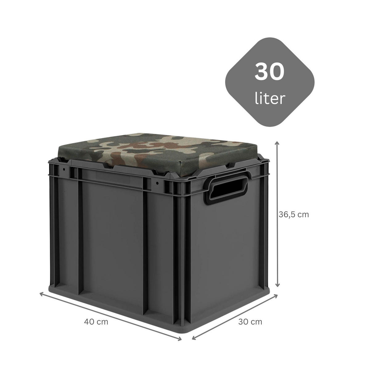EUROBOX NextGen Seat Box Camouflage, HxBxT 36,5x30x40cm, 30 Liter, Griffe offen, Schwarz - Schwarz, Kunststoff (30/36.5/40cm) - PROREGAL