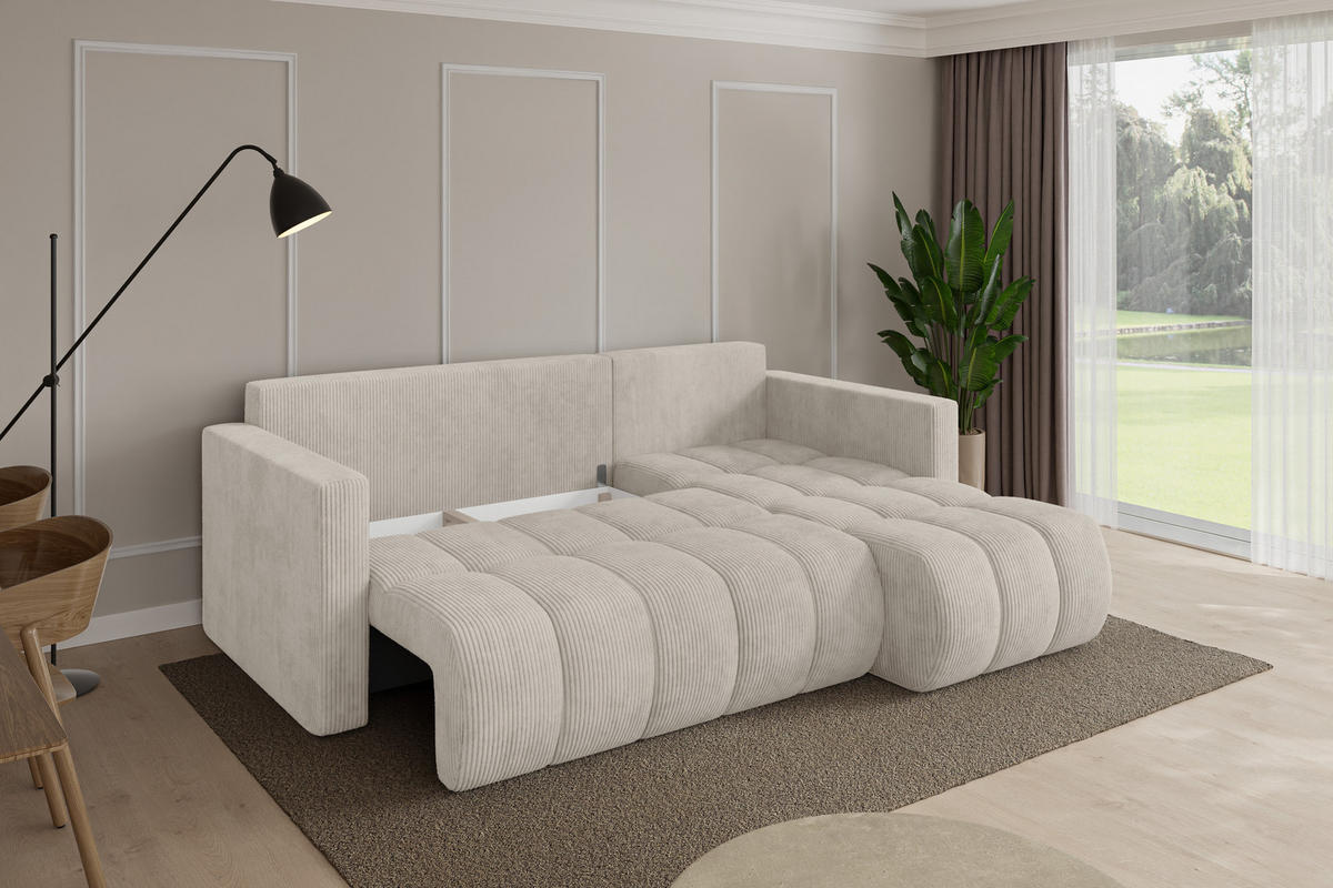 ROHOVÁ SEDAČKA s funkcí spaní, otoman vpravo GARD-L 226x146x85 krémová manšestr - černá/krémová, kompozitní dřevo/textil (226/146cm) - ALTDECOR