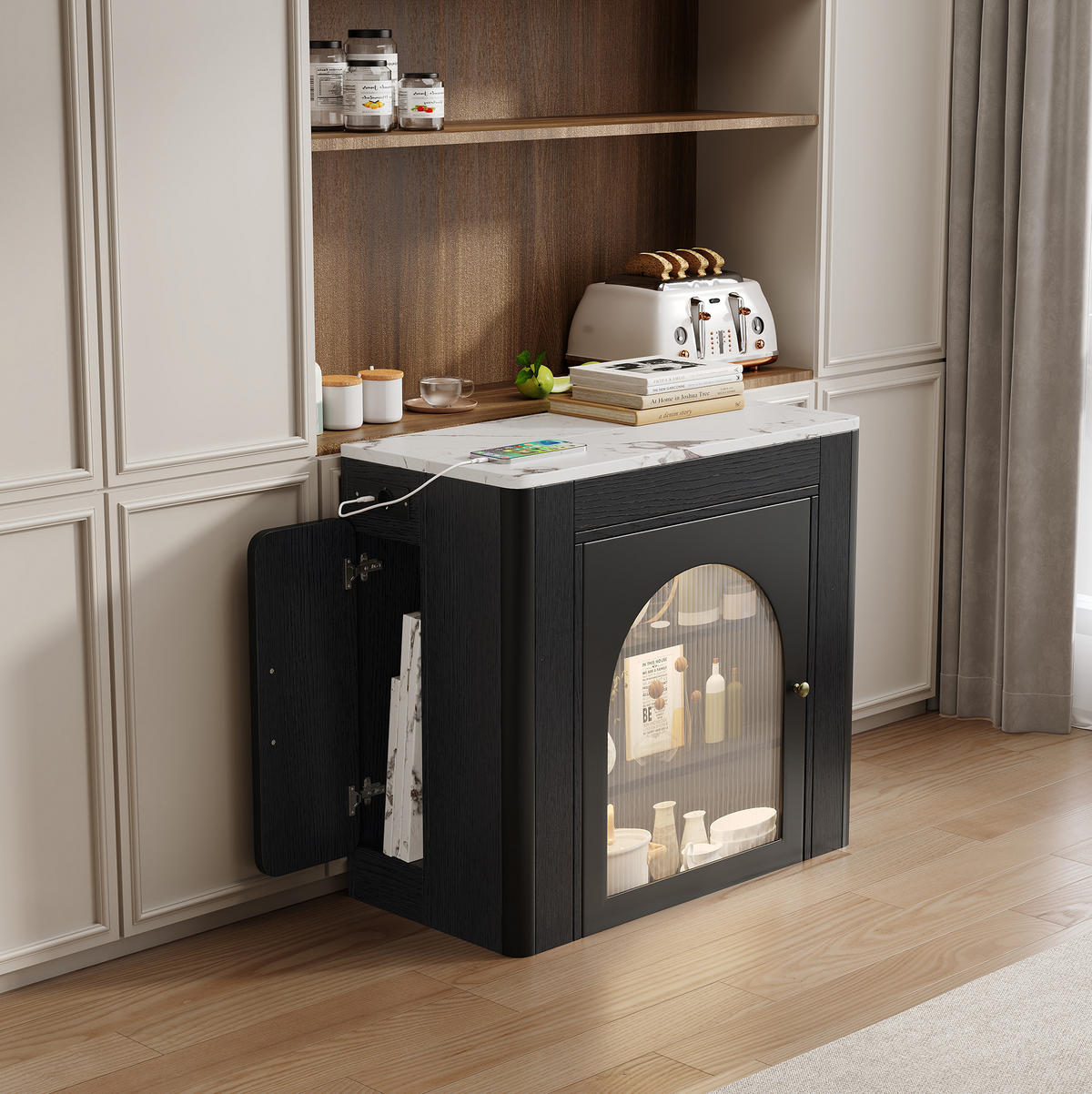 KÜCHENINSEL 83/39,6-149,6/77 cm in Weiß/Schwarz mit LED und USB- und Type-C-Anschlüssen - Schwarz, Holzwerkstoff (83/77/39.6cm) - Flora Grace