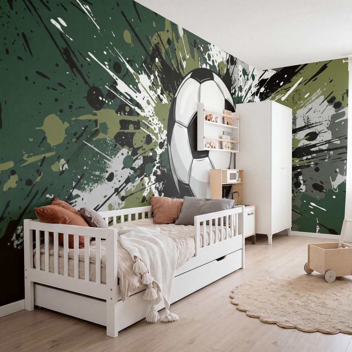 KINDERTAPETE - Fußball - Farbe - Spritzer - Grün - 450x200 cm - Dunkelgrün, Papier (450/200cm) - OnlyWow