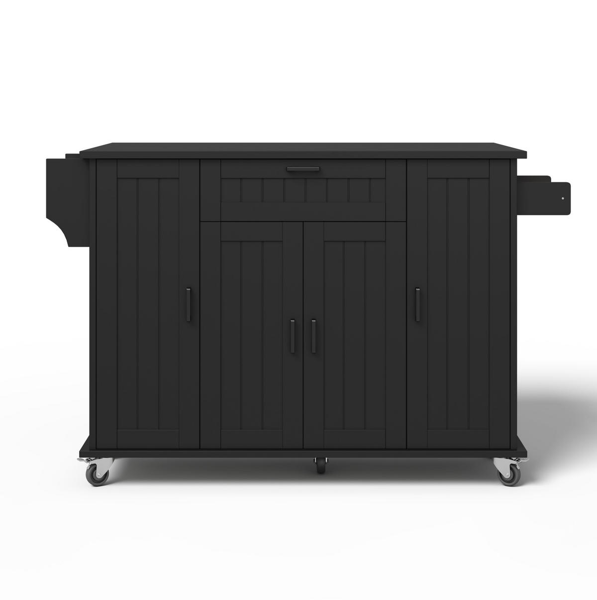 KUCHYŇSKÝ ostrůvek 120/45(70)/95 cm s klopnou pracovní deskou, 4 dvířky a kolečky, Černá - černá, kompozitní dřevo (120/95/70cm) - Redom