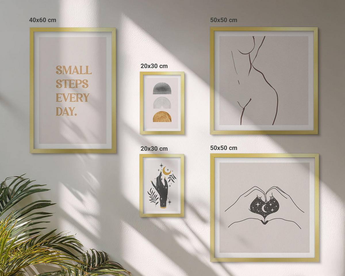 BILDER SET 5er Set - 50x50 cm & 20x30 cm & 40x60 cm Goldrahmen - Abstrakte Blumen aus Marmor - Goldfarben, Kunststoff (40/60cm) - TULUP
