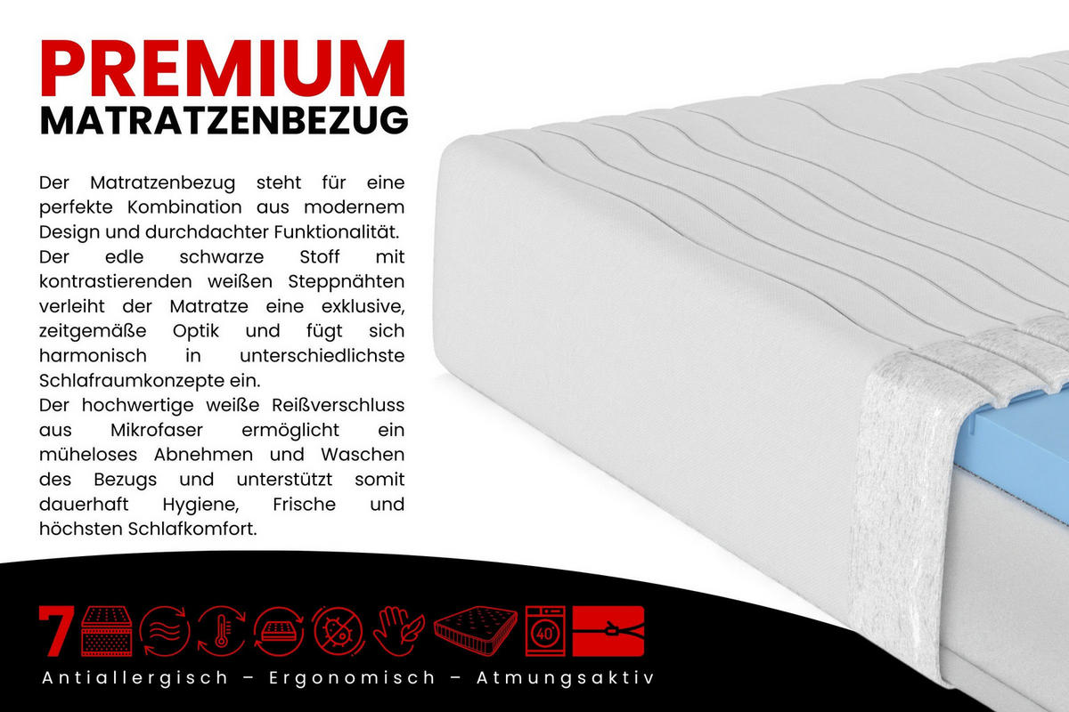 TASCHENFEDERKERNMATRATZE PREMIUM 7 Zonen mit Würfelschnitt-Polyurethanschaum 80/200/20 Weiß H3 - Weiß, Textil (80/200cm) - Deine Möbel 24