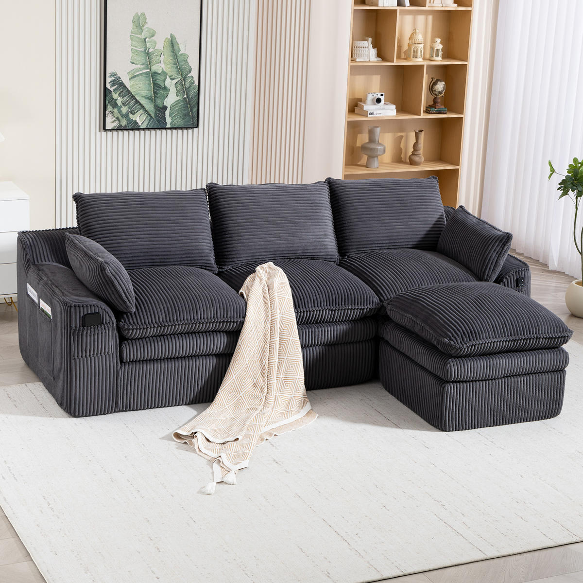 3-STIZER Sofa 263/167/85 cm frei kombinierbar mit Hocker, Seitentaschen und Federkern, Cord Dunkelgrau - Dunkelgrau, Textil (263/85/167cm) - Redom