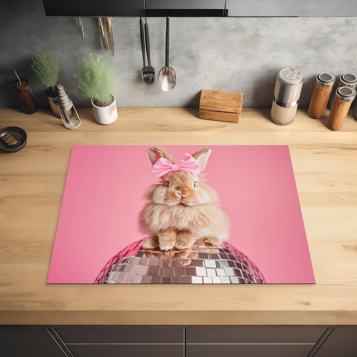 HERDABDECKPLATTE Schleife - Discoball - Kaninchen Induktionsmatte 71x52 cm - Pink, Kunststoff (71/52/0.2cm) - MuchoWow