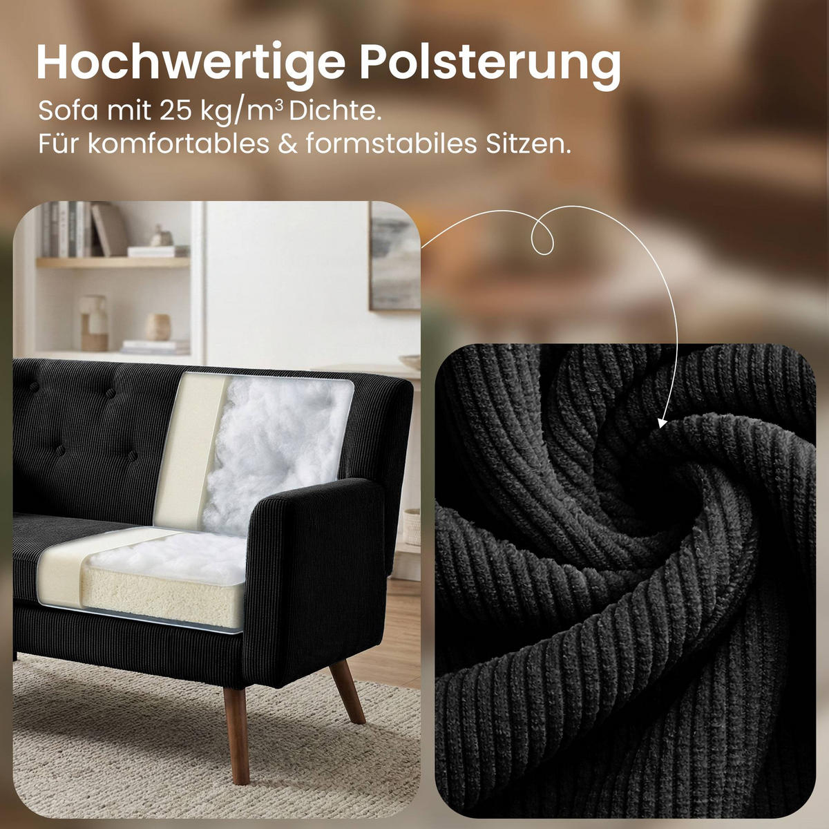 SOFA 120/74 cm Cord Schwarz - Schwarz/Braun, Holz/Textil (120/81/74cm) - CLP