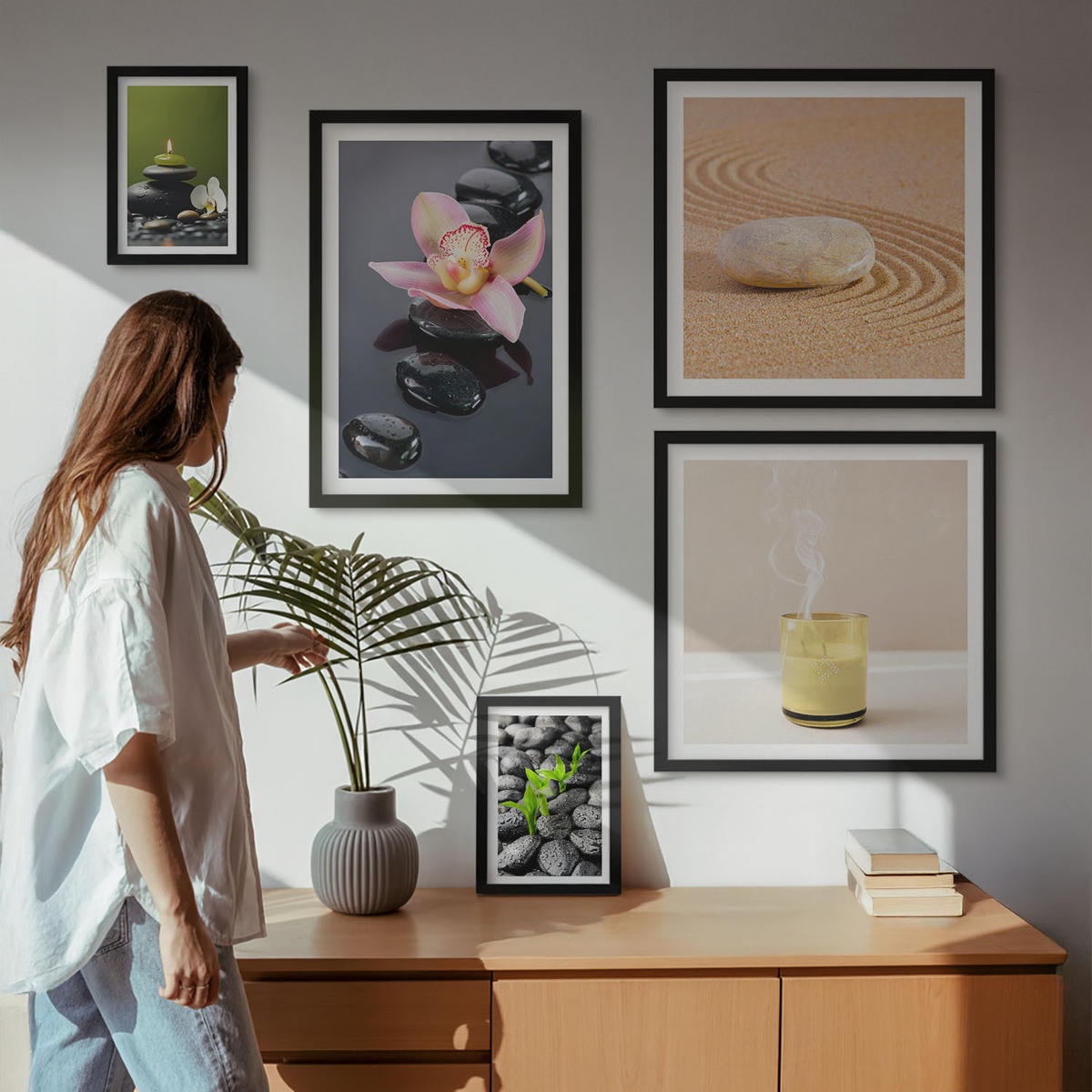BILDER SET 5er Set - 50x50 cm & 20x30 cm & 40x60 cm Schwarzer Rahmen - Der Frieden der Natur mit Buddha - Schwarz, Kunststoff (40/60cm) - TULUP