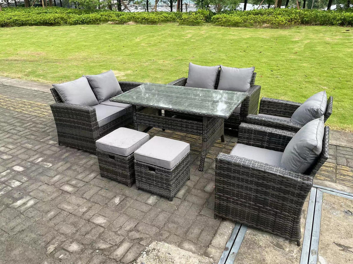 GARTENMÖBELGARNITUR mit Esstisch Polyrattan Dunkelgrau 8-Sitzer - Dunkelgrau/Grau, Glas/Kunststoff - Fimous