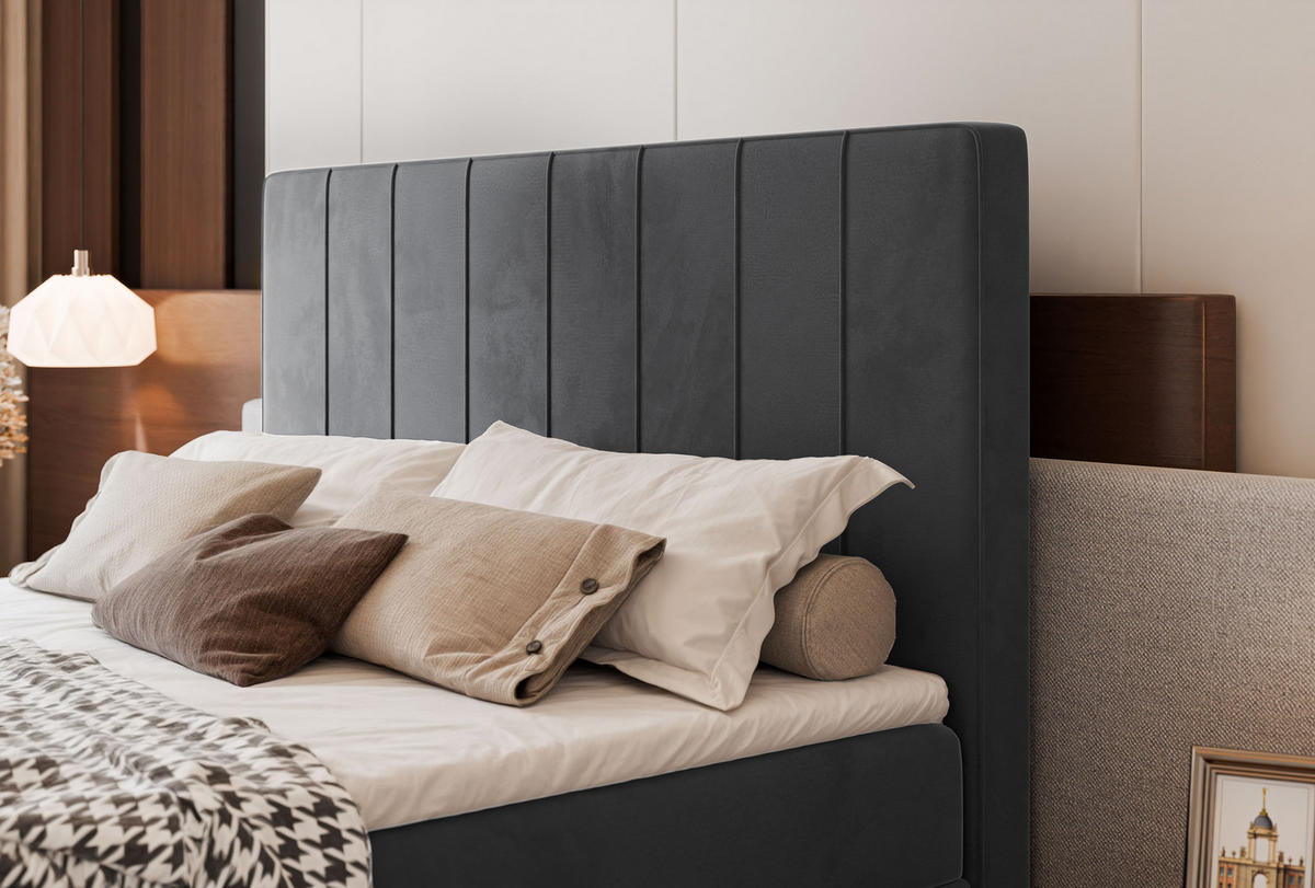 BOXBETT VERA 120x200 cm mit Matratze und Topper, Dichter wasserabweisender Samt Grau - Grau, Textil (120/200cm) - Idohome