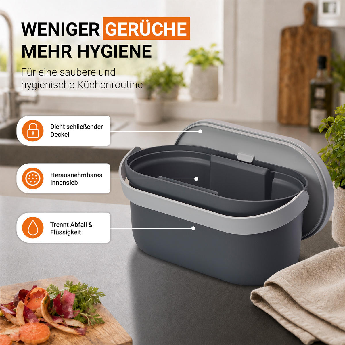 BIOMÜLLEIMER 5 L, graphite grey / steingrau - Grau, Kunststoff (16/16/31cm) - GARANTIA