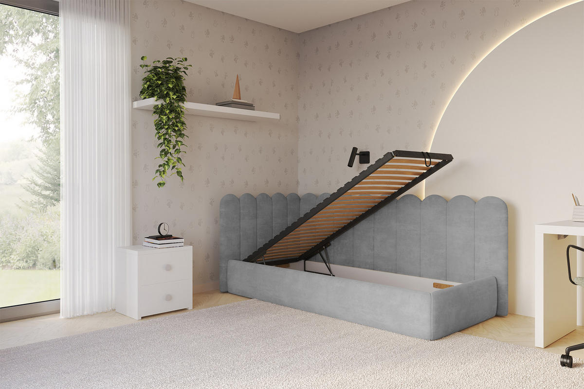 EINZELLBETT Jugendbett mit Bettkasten, Rechts - ARTY 90x200 Grau - Silberfarben, Holzwerkstoff/Textil (90/200cm) - ALTDECOR
