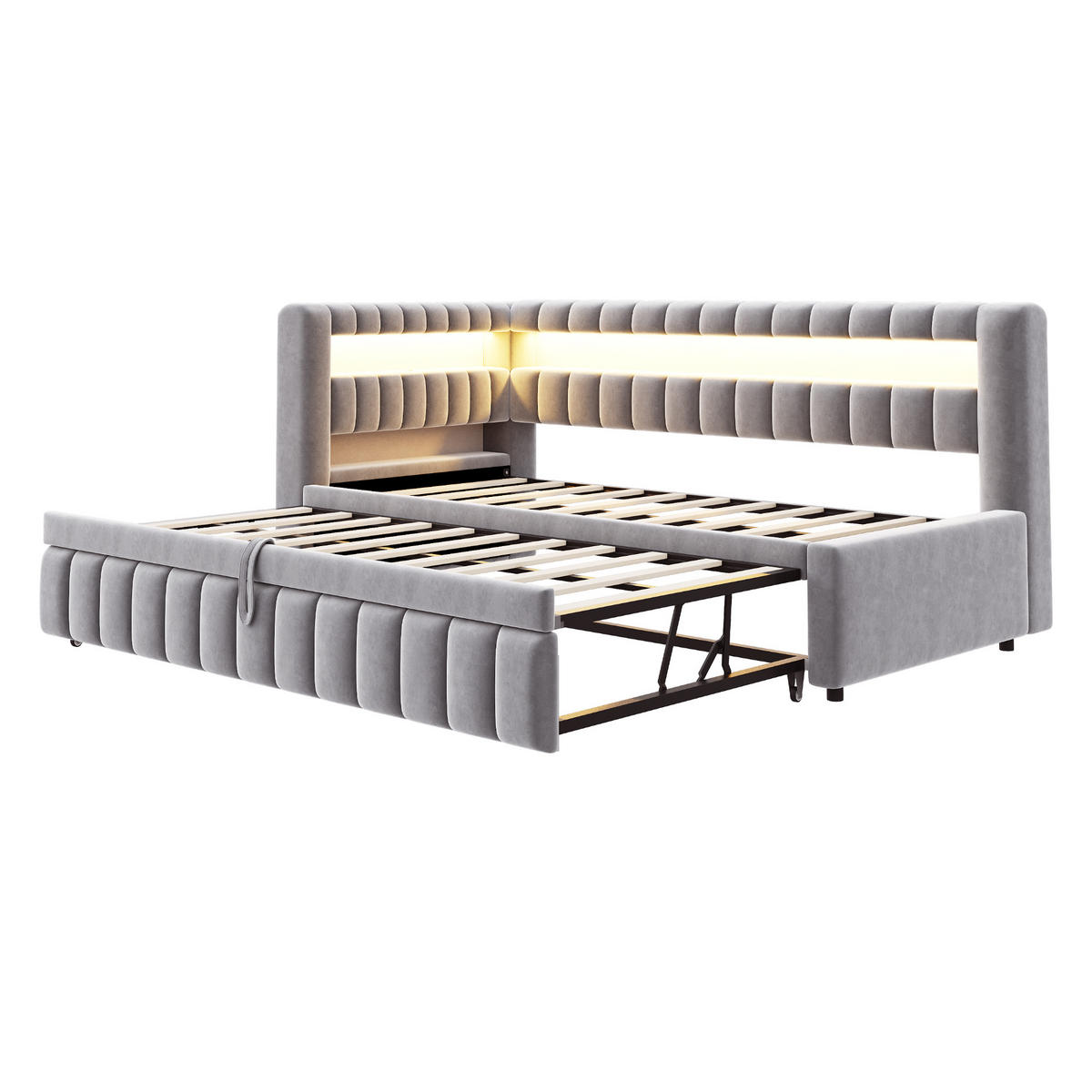 POLSTERBETT 90x200 Hellgrau Samt LED USB - Hellgrau, Textil (90/200cm) - FLIEKS