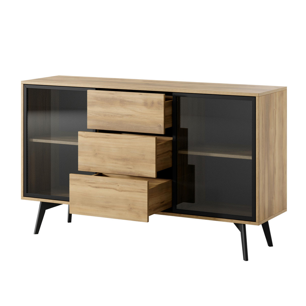 SIDEBOARD ESTEVAN KOM1 Schiebetüren aus Glas Eiche Gold Eiche Gold - Eichefarben/Honig, Holz/Holzwerkstoff (144/85/39cm) - Komodee