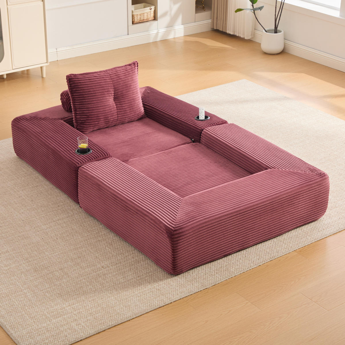 KLAPPSOFA aus Cord mit Seitenfach und Getränkehalter 122 cm Wine Red - Rot, Kunststoff (98/80/122cm) - Meubliv