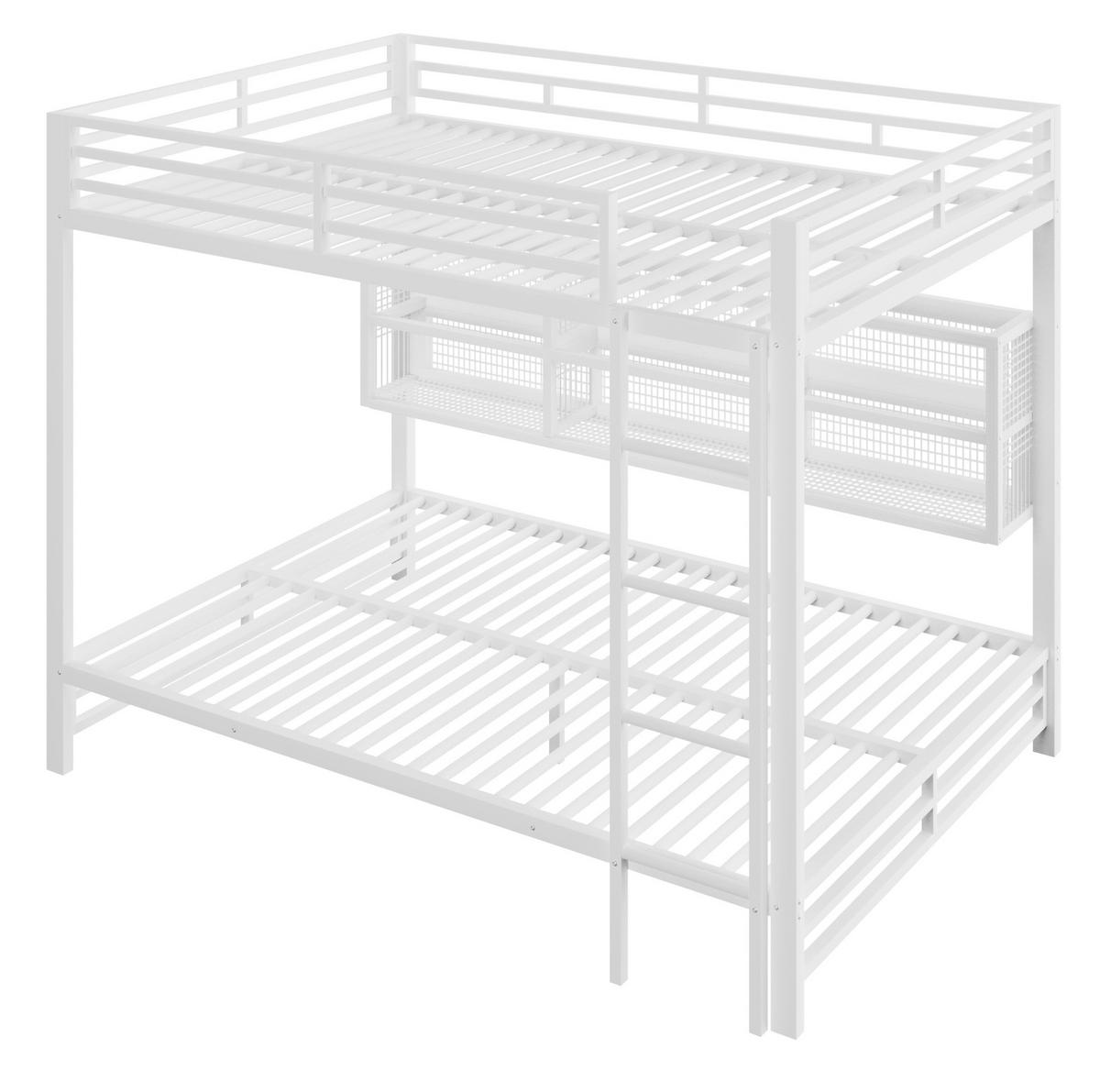 ETAGENBETT aus Metall 140x200 cm Weiß mit 6 Stauraumschränken, LED-Kopfteil und Schutzgittern - Weiß, Metall (140/200cm) - Modfu