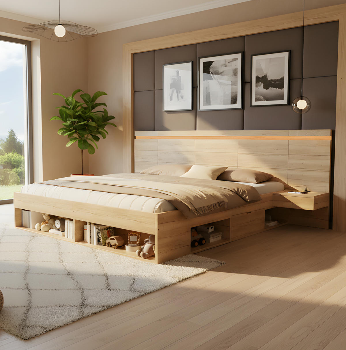 MANŽELSKÁ posteľ z MDF 180x200 cm prírodná s LED osvetlením, USB a USB-C nabíjaním, úložným priestorom - prírodná farba, kompozitné drevo (180/200cm) - Modfu