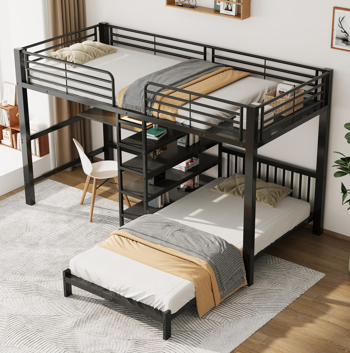 HOCHBETT Metall & MDF 90x200 cm Schwarz mit Schreibtisch, Stauraumtreppe und 2 Schlafplätzen - Schwarz, Holzwerkstoff (90/200cm) - Modfu