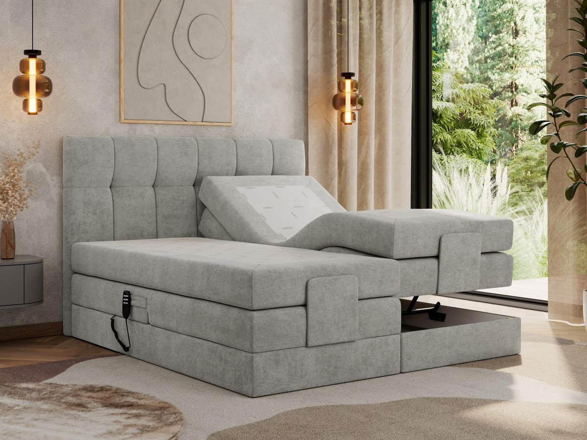 BOXBETT VITTORIA 140/200 - Hellgrau Struktur - H4 - Hellgrau, Holz/Textil (140/200cm) - MKS
