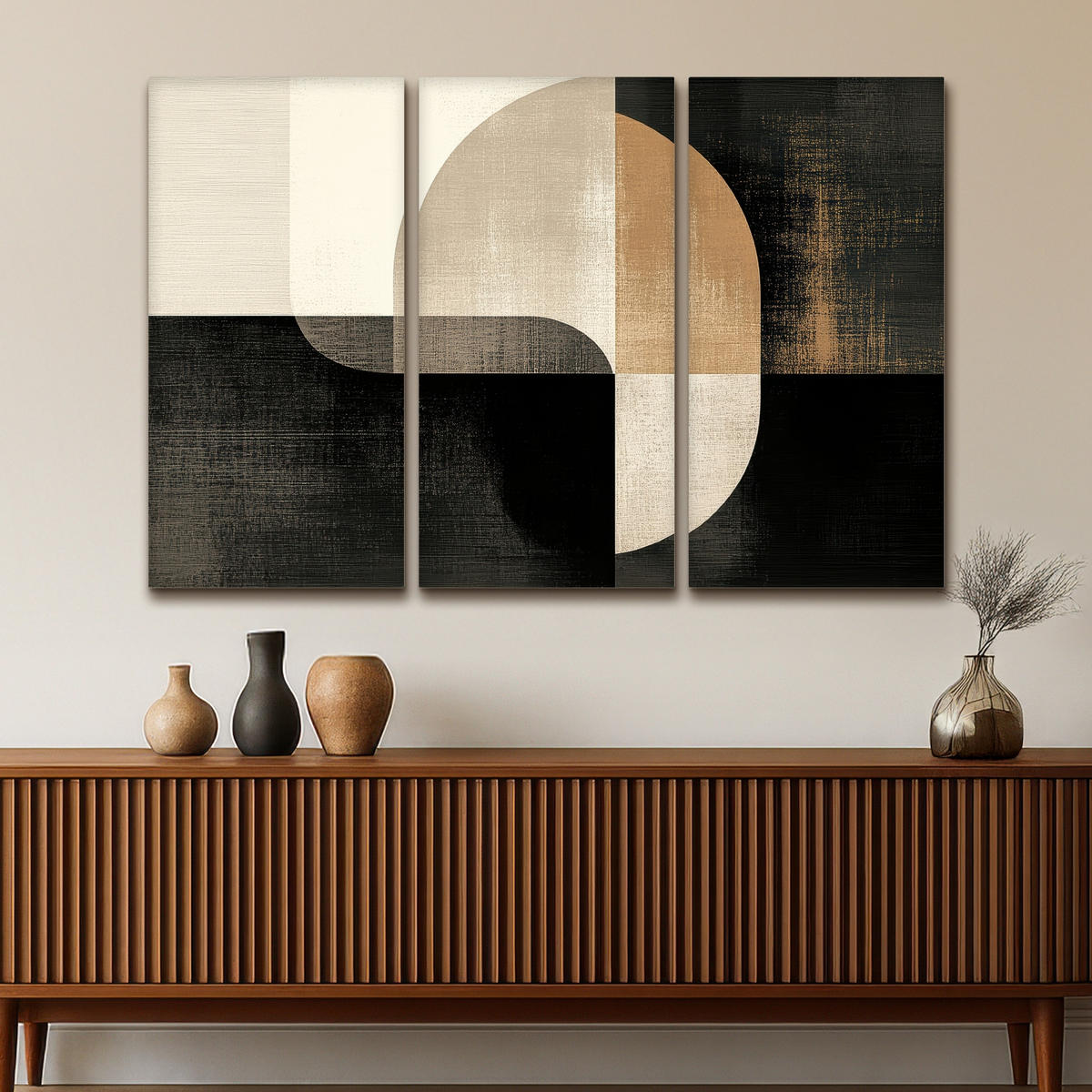 LEINWANDBILD 3er Set Formen - Abstrakt - Gold 150x100 cm - Schwarz, Textil (150/100cm) - MuchoWow