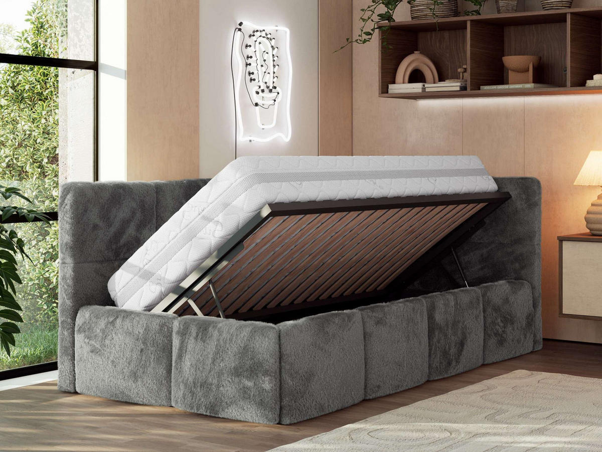 JUGENDBETT ARVO 90/200 - Dunkelgrau Plüsch - Multipocket-Matratze - Rechts Seite - Dunkelgrau, Textil (90/200cm) - MKS