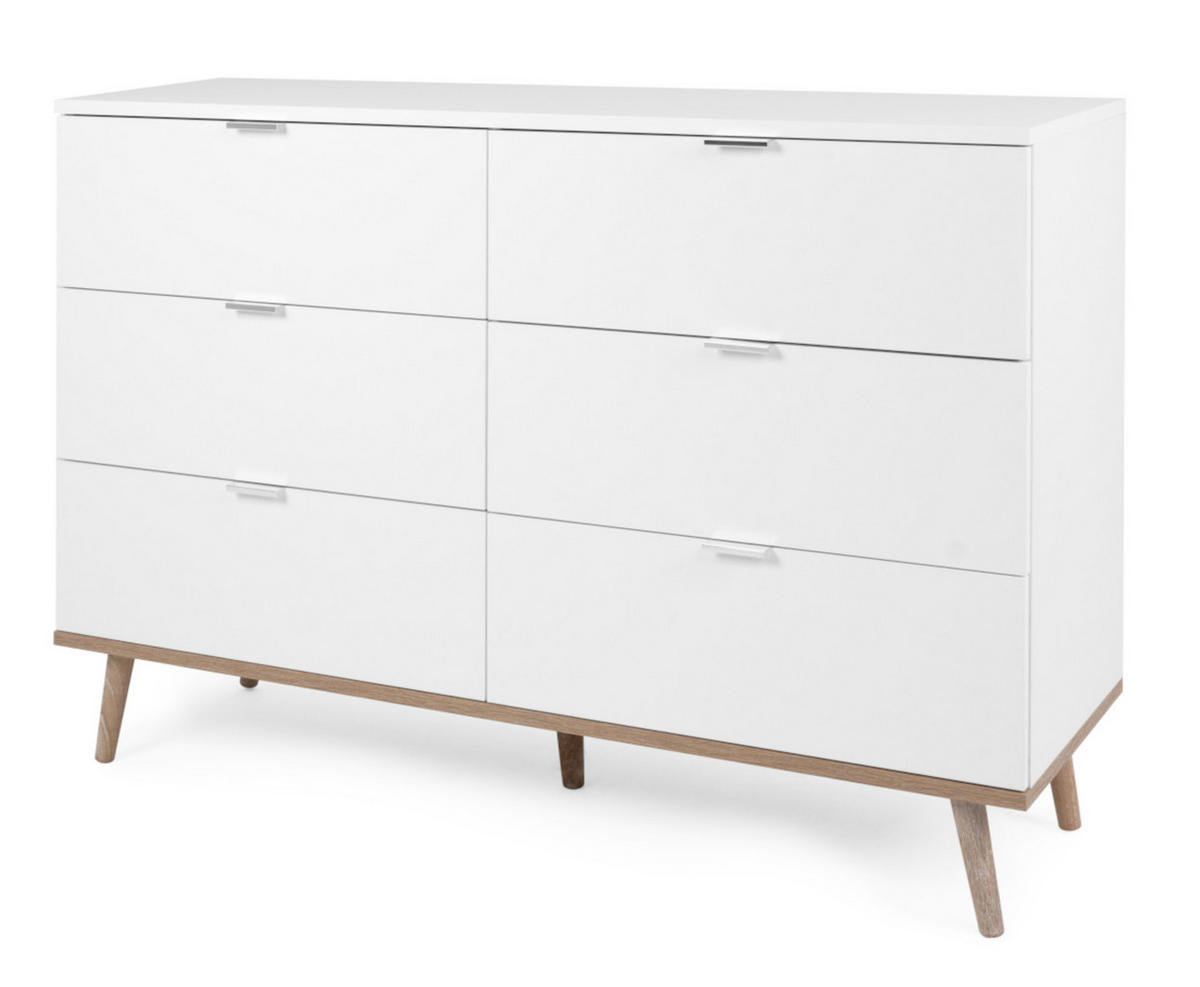 SCHUBLADENKOMMODE weiß matt, Eiche Sonoma massiv 120 cm, Kommode mit 6 Schubkästen - Chromfarben/Eichefarben, Holz/Holzwerkstoff (120/87/40cm) - Furn.Design