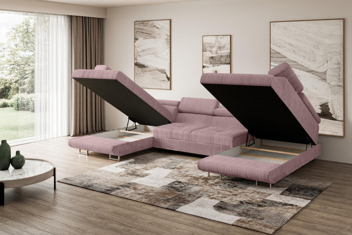 WOHNLANDSCHAFT mit Schlaffunktion und Bettkasten GUSA-U 342x202x107 cm Rosa Cord - Silberfarben/Rosa, Holzwerkstoff/Textil (342/107/202cm) - ALTDECOR