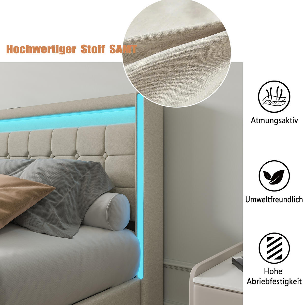 POLSTERBETT 160x200 cm, Beige, mit LED-Beleuchtung & USB-Aufladung - Beige, Textil/Metall (160/200cm)